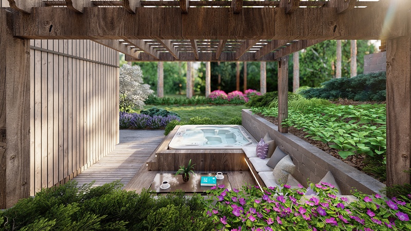 3d rendering of a sloped garden with retaining wall and cozy seating area in Lulea, Sweden.