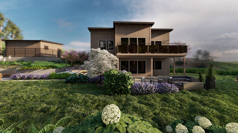 3d rendering of a property with modern architectural and landscape design containing colorful plants and trees in Lulea, Sweden.